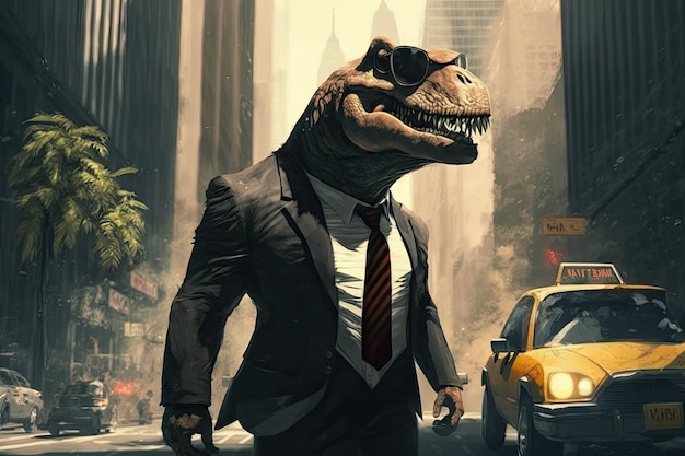 Tyrannosaurus Rex in schwarzem Anzug und Sonnenbrille jagt Generative AI AIG15