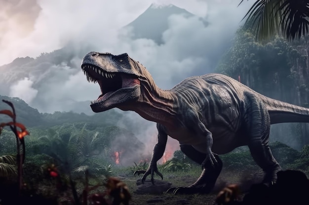 Tyrannosaurus rex en la jungla con el telón de fondo de un volcán en erupción