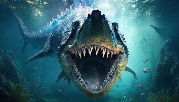 Foto tyrannosaurus rex no oceano azul profundo ilustração generative ai