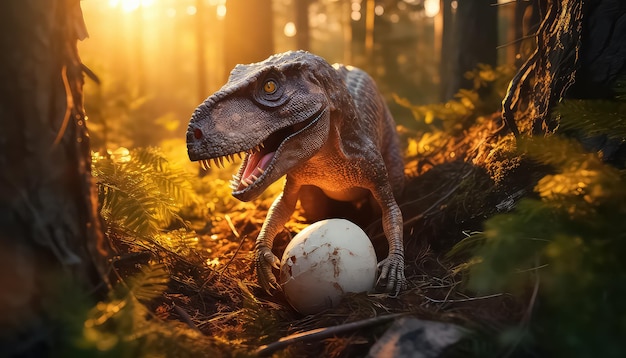 Tyrannosaurus rex con un pequeño huevo a la luz del sol