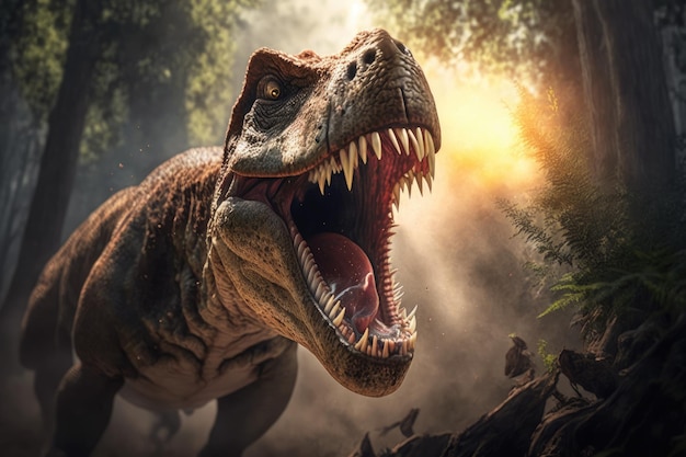 Tyrannosaurus rex ruge mientras caza a su presa en un bosque prehistórico creado con ai generativo