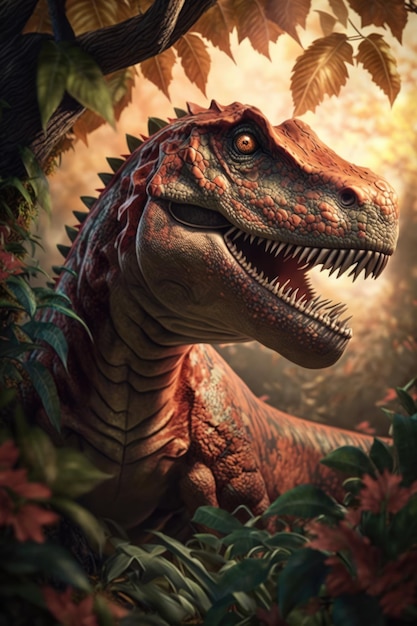 Tyrannosaurus rex rugindo sobre plantas e florestas com folhas criadas usando tecnologia de IA generativa