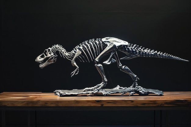 Foto tyrannosaurus rex-skelett auf einem holztisch mit schwarzem hintergrund