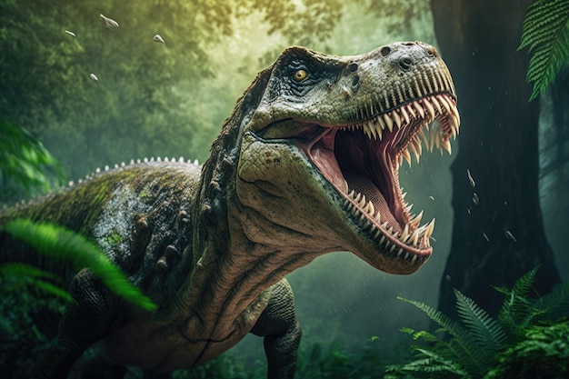 Tyrannosaurus rex, um dinossauro terópode do Cretáceo ruge em uma floresta tropical