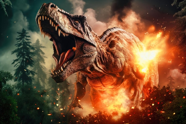 Tyrannosaurus Trex dinossauro em fundo de fumaça e fogo Dinosauro na antiga selva Monstro primordial