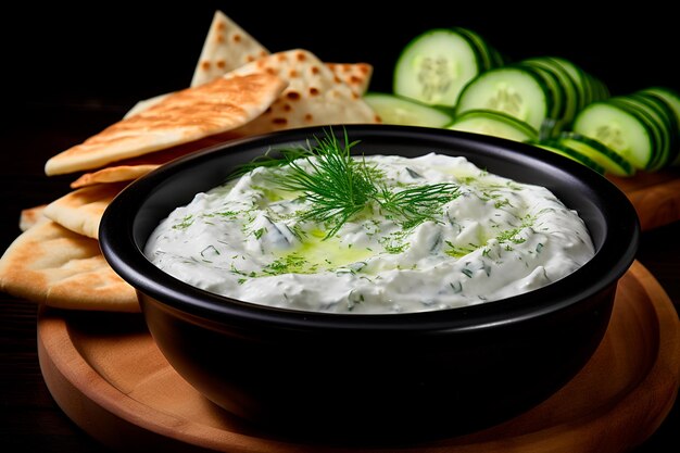 Foto tzatziki dip pepino crema agria yogur griego jugo de limón aceite de oliva eneldo con pan pita