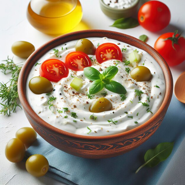 Tzatziki griego tradicional aislado sobre un fondo blanco