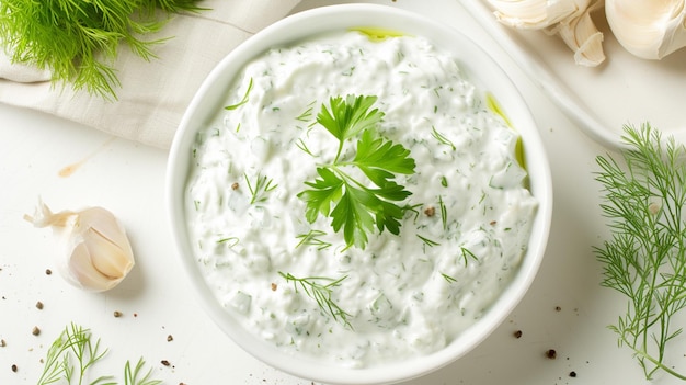 Foto tzatziki en un plato sobre un fondo blanco generativo ai