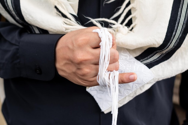 Tzitzit envuelto alrededor de un dedo meñique para cantar V'zot Hatorah Esta es la Torá