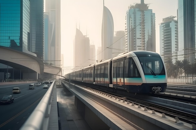 U-Bahn-Eisenbahn unter den gläsernen Wolkenkratzern in Dubai Verkehr auf der Straße in Dubai Zukunftskonzept in Dubai Stadtbild-Skyline Städtischer Hintergrund Generative Ai