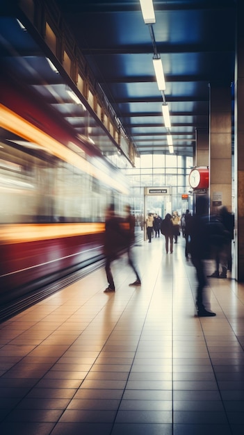 U-Bahn-Station mit verschwommenem Verkehr und Menschenmenge Generative KI