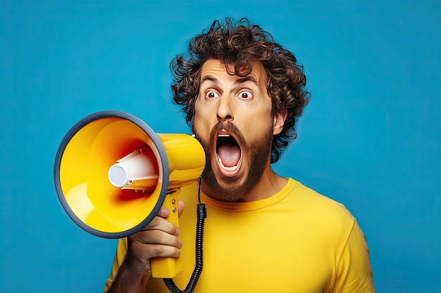 Uau, cara de jovem barbudo usa camisa azul, segure grito no megafone anuncia descontos venda Apresse-se isolado em fundo amarelo liso Generativo A