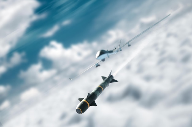 UAV-Militärkampfdrohne startet eine Kampfrakete Moderne Flugzeugarmee der Zukunft Aufklärungsmilitärdrohnenkrieg der Zukunft 3D-Illustration 3D-Rendering