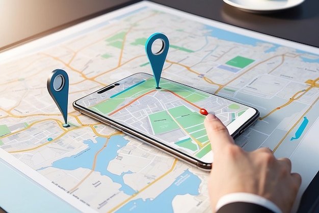 Foto ubicación de conjunto de mano digital en el mapa con tecnología de ia de dos pines en gps