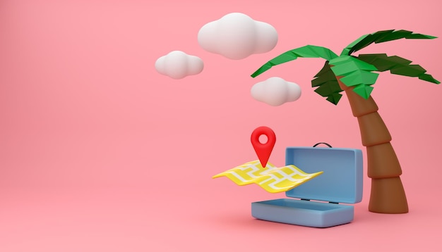 Foto ubicación del mapa 3d y viaje de la bolsa concepto 3d de verano ilustraciones de renderizado 3d