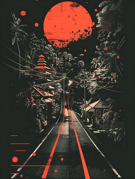 Ubuds Monkey Forest Road com Serene Street Scene Art Gallery Colagem Contraste Conceito Design Arte