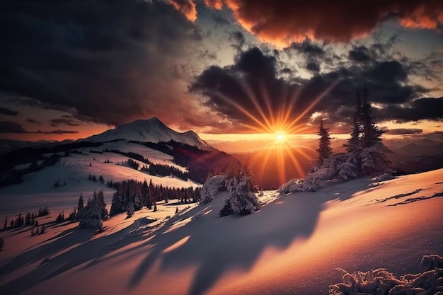 Ucrânia Incrível pôr do sol de inverno com montanhas e nuvens, os raios solares penetrando