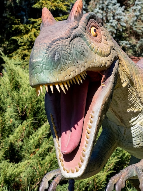 Ucrania, Khmelnitsky, octubre de 2021. Dinosaurio, megaraptor de cerca con la boca abierta y dientes afilados