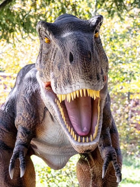 Ucrania, Khmelnitsky, octubre de 2021. Modelo de dinosaurio en el parque. Tiranosaurio gigante en una exposición en el parque en un día soleado de verano, la cabeza de un dinosaurio