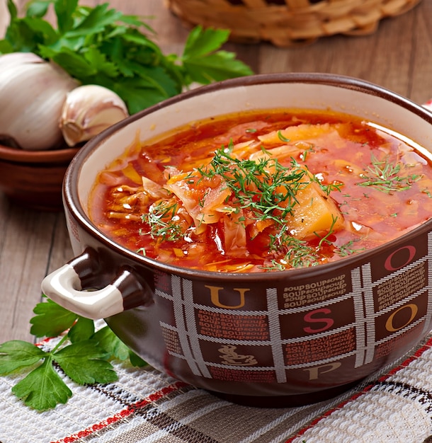 Ucraniano e russo nacional vermelho sopa sopa de beterraba closeup