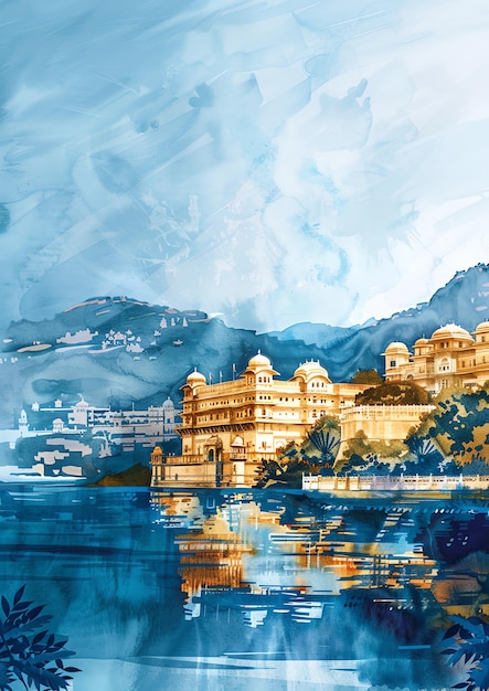 Udaipur Índia Palácio da Cidade paisagem aquarela modelo de convite de casamento