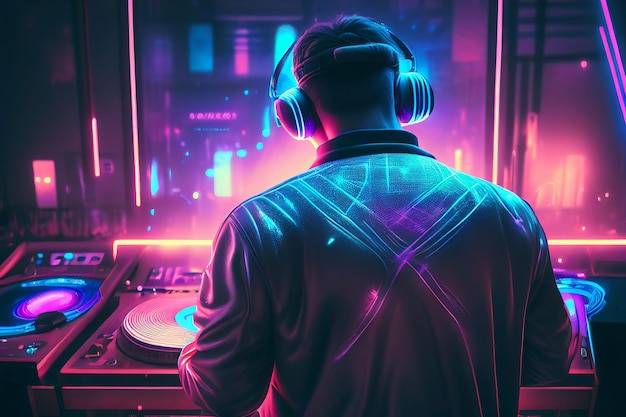 Áudio de DJ player mixando música eletrônica em uma festa de boate Criado com tecnologia Generative AI