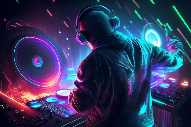 Áudio de DJ player mixando música eletrônica em uma festa de boate Criado com tecnologia Generative AI
