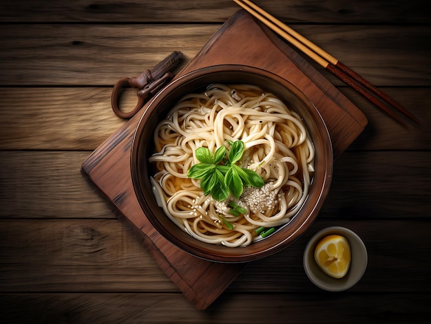 Udon-Nudelsuppe auf altem Holzhintergrund Rustikal Top-View Ai Generative