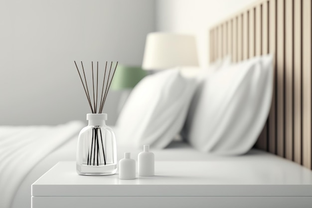 Über einem verschwommenen modernen Schlafzimmer mit einem traditionellen Bett und einer Innenarchitekturzeichnung in weißer Architektur befindet sich eine hölzerne Tischplatte oder ein Regal mit aromatischen Stäbchenflaschen