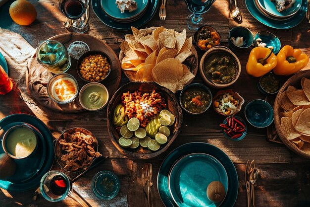 Foto Überblick über köstliches mexikanisches essen auf einem braunen holztisch