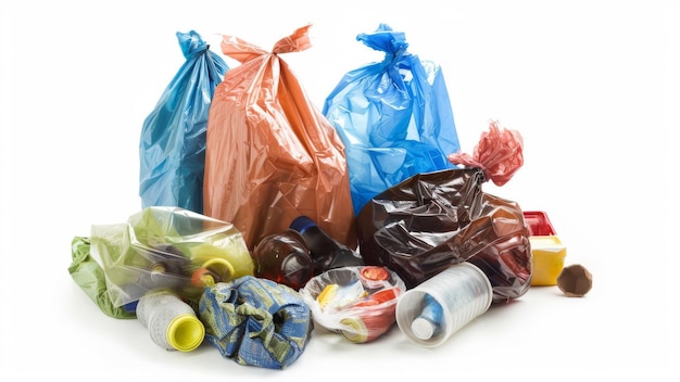 Überfüllter Stapel von Müllsäcken in einem Recyclingzentrum tagsüber