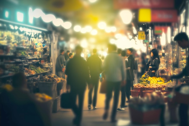 Überfüllter Straßenlebensmittelmarkt unscharfer Hintergrund Belebte Straßeneinkäufe Generative KI-Illustration