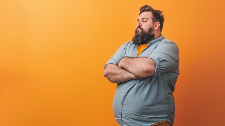 Foto übergewichtiger mann mit gefalteten armen vor orangefarbenem hintergrund