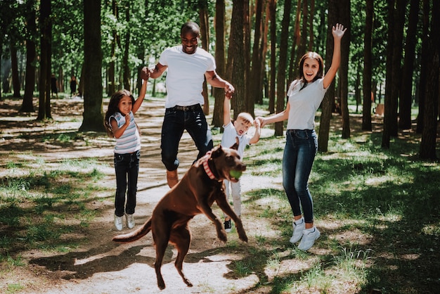 Überglückliche familie springt in park spielerisches labrador.