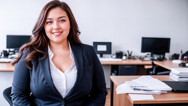 Foto Übergroße geschäftsfrau, geschäftsführerin, geschäftsführerin am arbeitsplatz