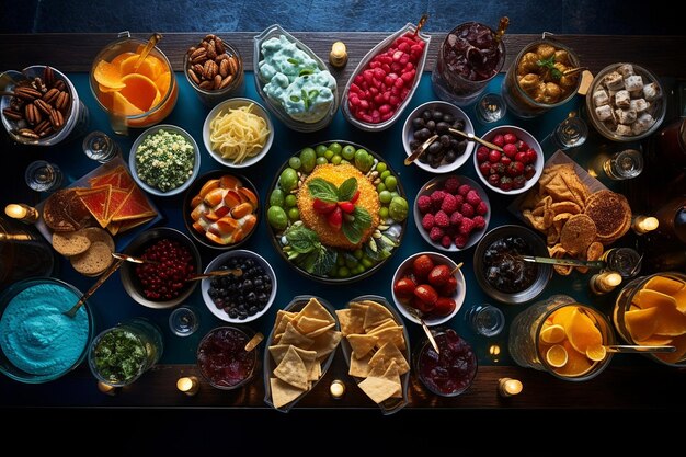 Foto Überkopfschuss eines süßigkeitenbuffets auf einer themenfeier mit filmsnacks