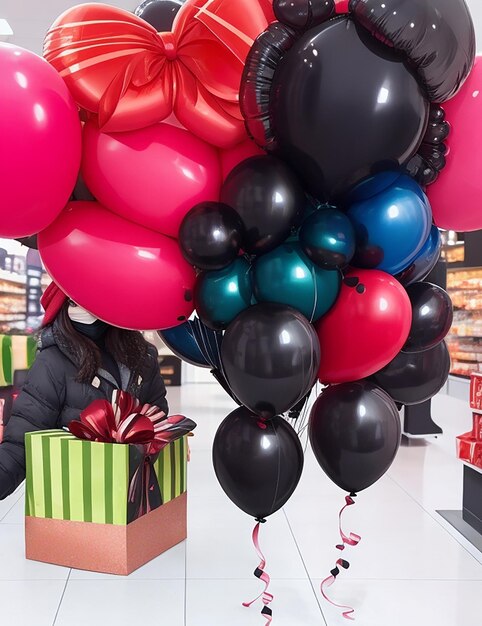 Foto Überraschen sie den black-friday-einkauf mit farbenfrohen luftballons und geschenkboxen, generativen bildern von ai