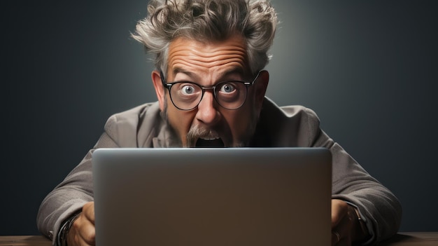 Foto Überraschender alter mann mit einem tablet-computer auf einem dunklen hintergrund