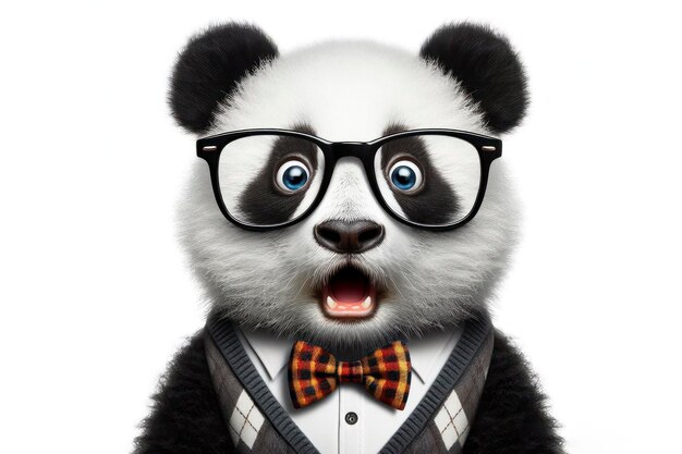 Überraschender Panda trägt eine Brille auf weißem Hintergrund