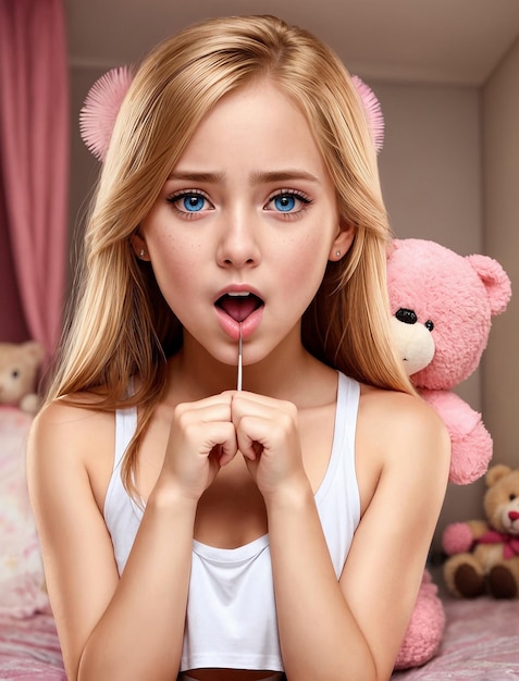 Foto Überraschendes blondes teenager-mädchen öffnete ihren mund weiches spielzeug im rosa zimmer hinter ihrem rücken