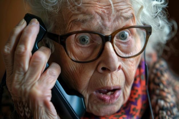 überraschte ältere Frau mit Telefon