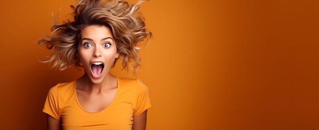 überraschte glückliche junge Frau auf einem orangefarbenen Hintergrund mit einem Kopierraum