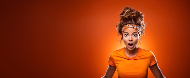 überraschte glückliche junge Frau auf orangefarbenem Hintergrund mit einem Kopierraum
