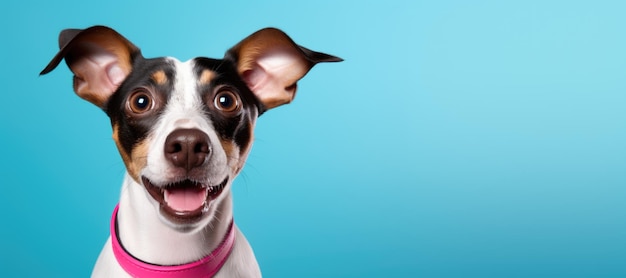 überraschter lustiger Hund mit offenem Maul auf einem festen hellen Hintergrund oben auf dem Kopf