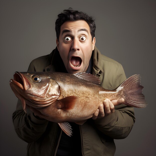 Foto Überraschter mann, der einen fisch hält