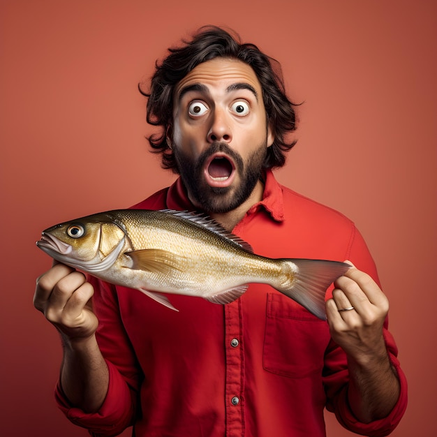 Foto Überraschter mann, der einen fisch hält