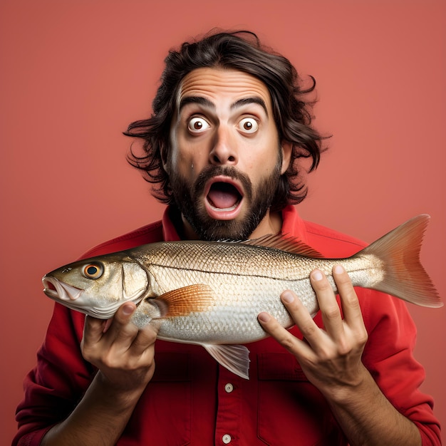 Foto Überraschter mann, der einen fisch hält