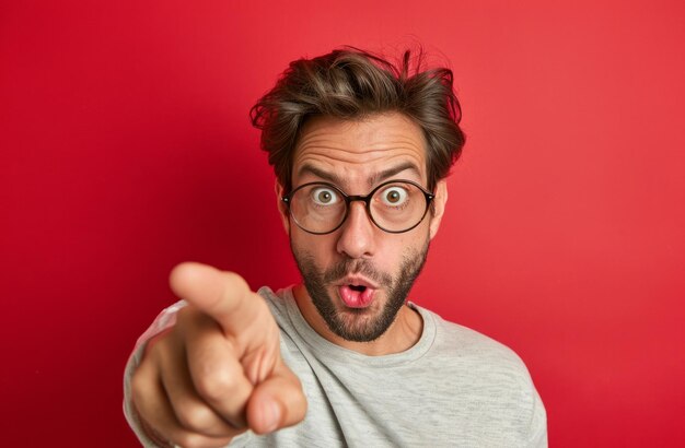 Foto Überraschter mann mit brille, der auf die kamera zeigt