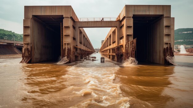 Foto Überschwemmung des schleusenbaus unvollendete konstruktion das flussufer brach aufgrund starken regens und starken wasserflusses ein