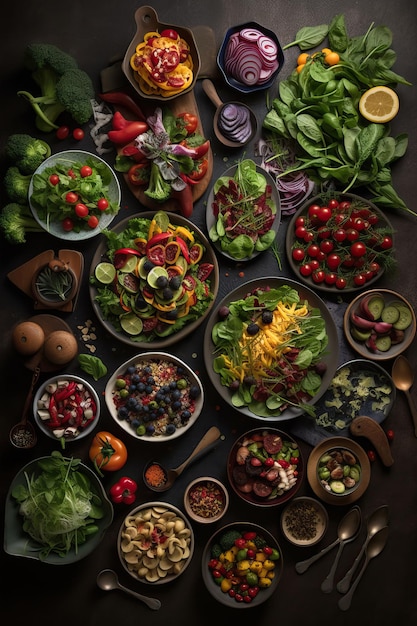 Foto Übersicht über die köstliche salatbar auf einem schieferhintergrund mit generativer ki